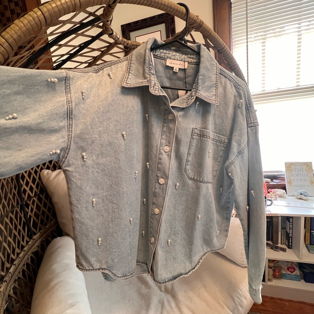 Zara Light Blue Denim Jacket with Pearl Accents